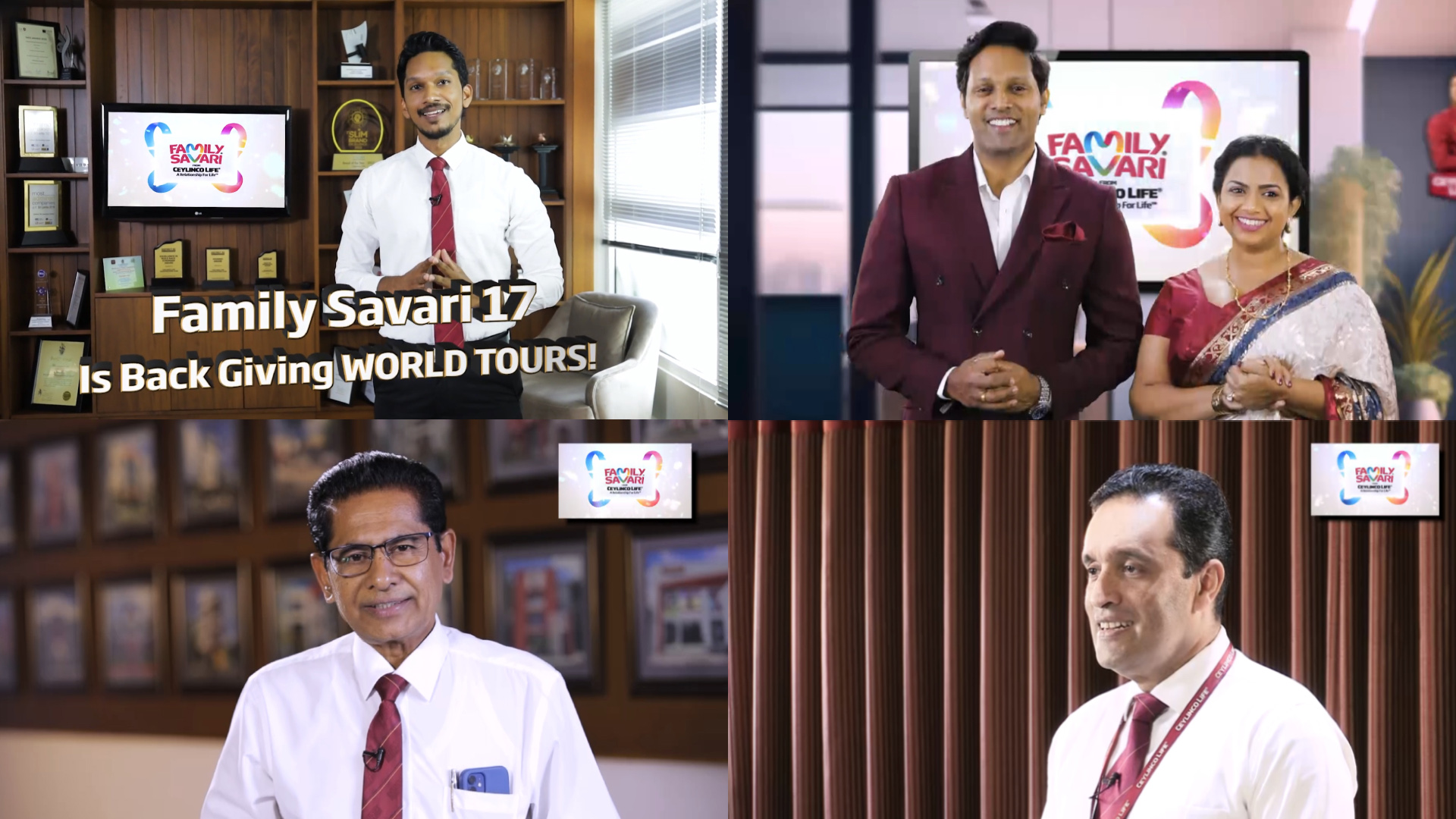 Screen visuals from the virtual launch of Ceylinco Life’s ‘Family Savari 17’ promotion.