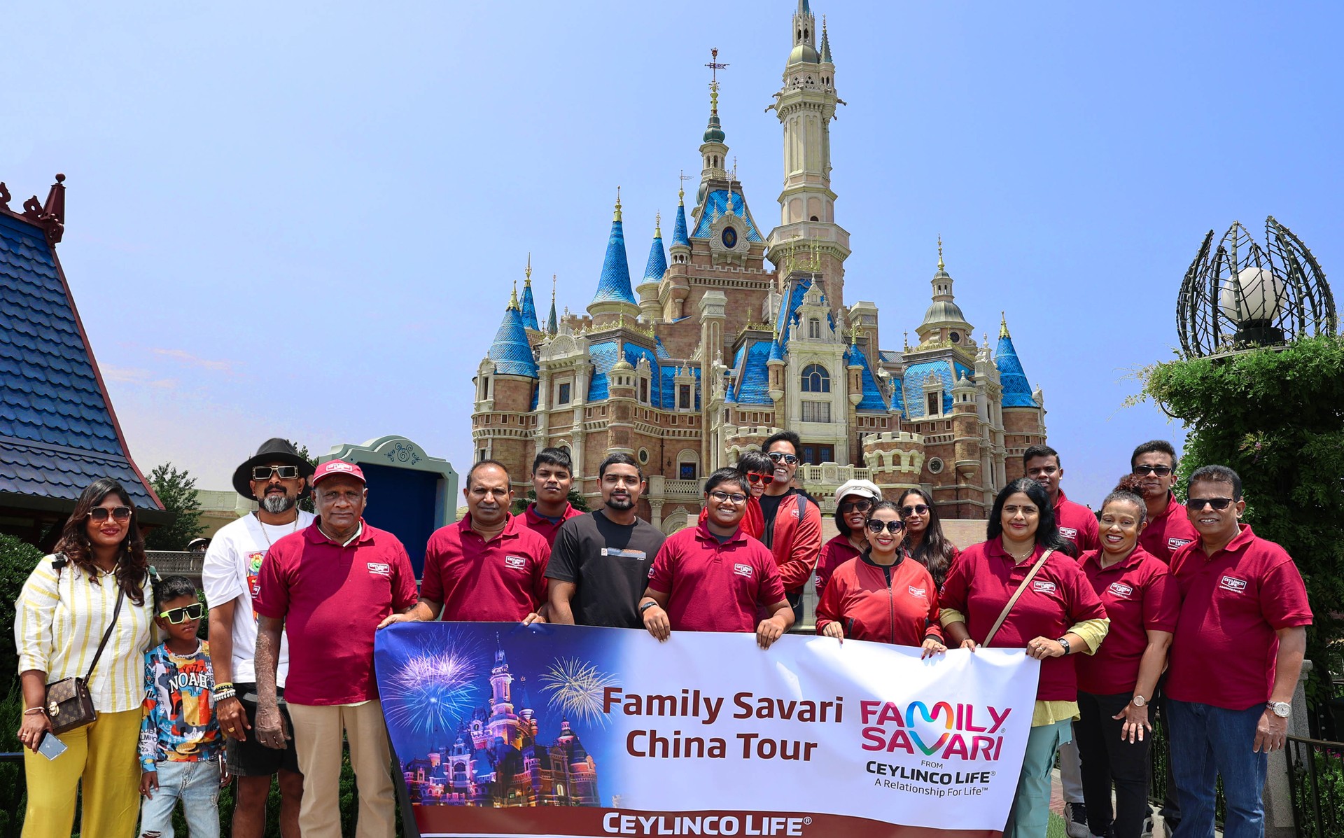 Ceylinco Life’s Family Savari winners at Disneyland, Shanghai, with the Family Savari Brand Ambassadors.